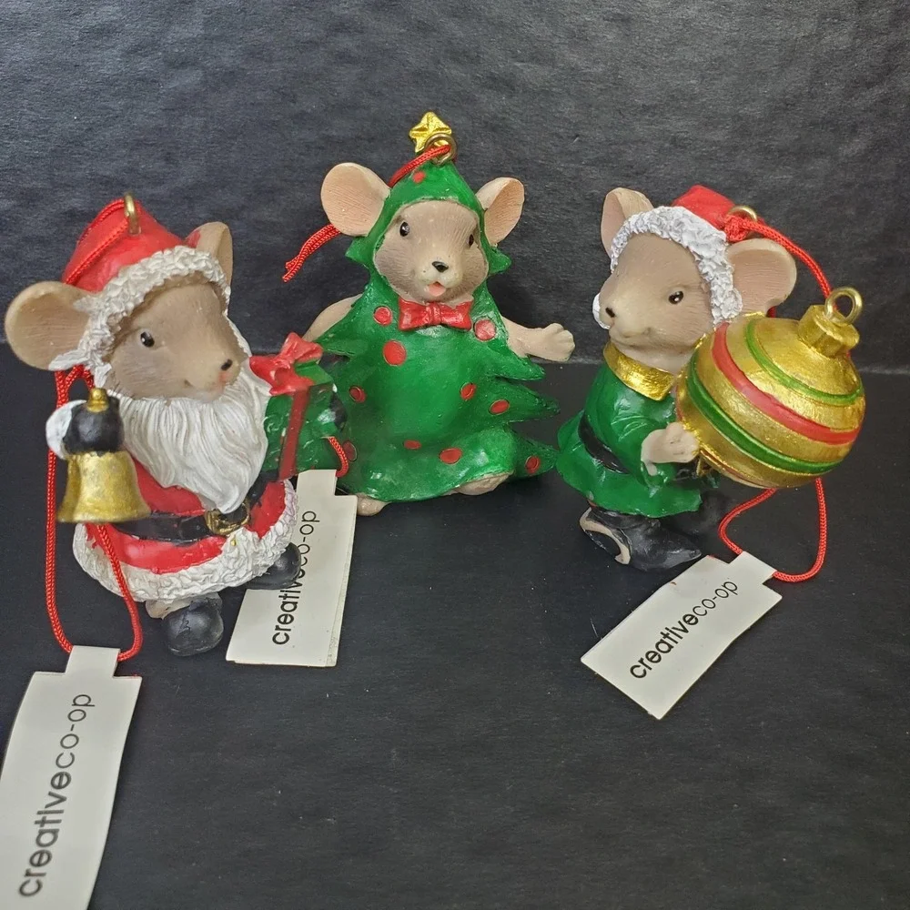 Resin Mouse 3 Pc Christmas Mouse Ornaments 2 1/2